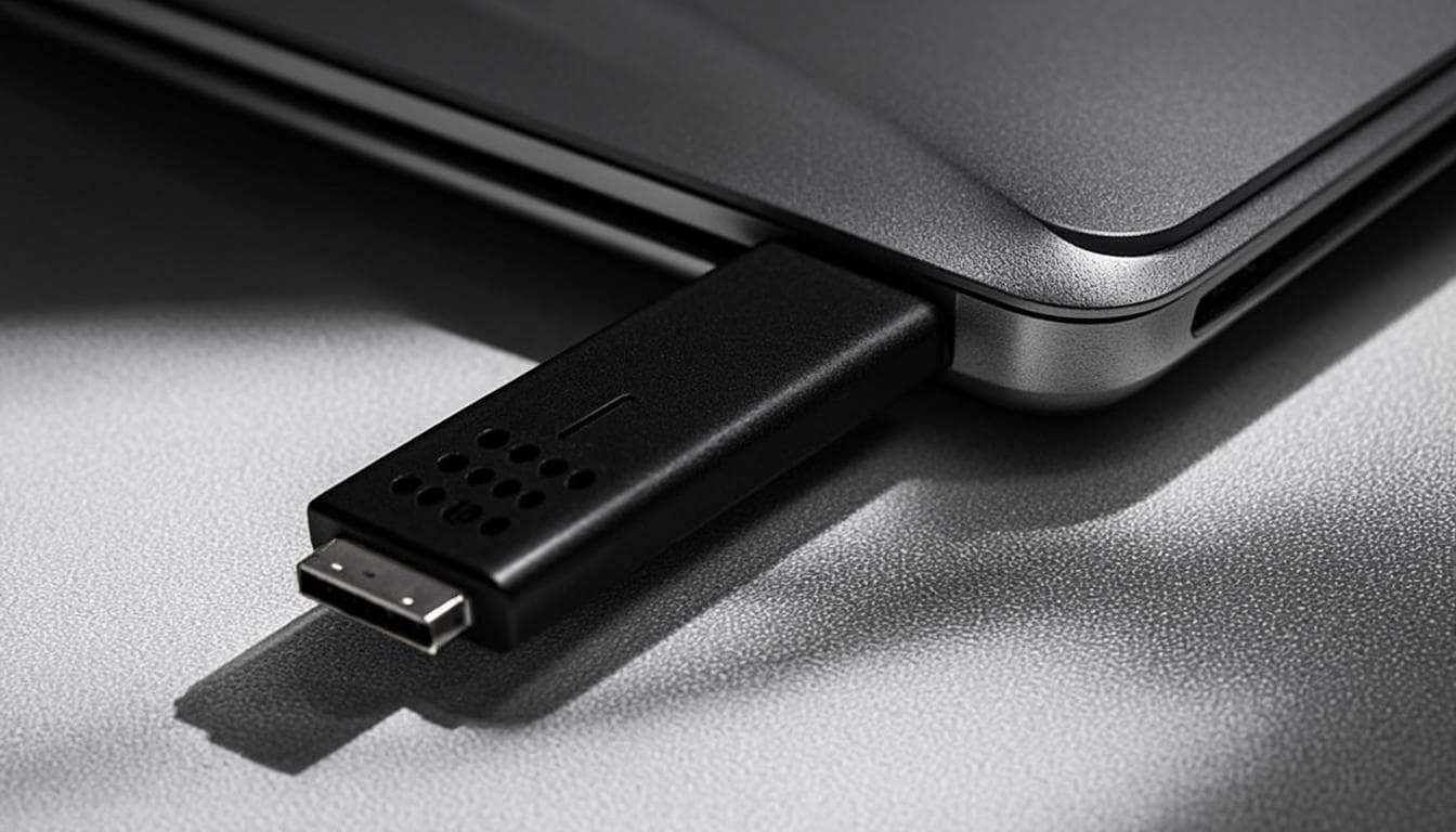 KeyChat USB hardware key alongside a modern laptop